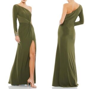 Mac Duggal Olive Green One-Shoulder Evening Gown
